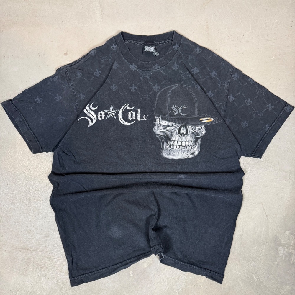 So Cal Lifestyle Mens Black Skull Graphic T-Shirt Fleur De Lis Print Size Large
